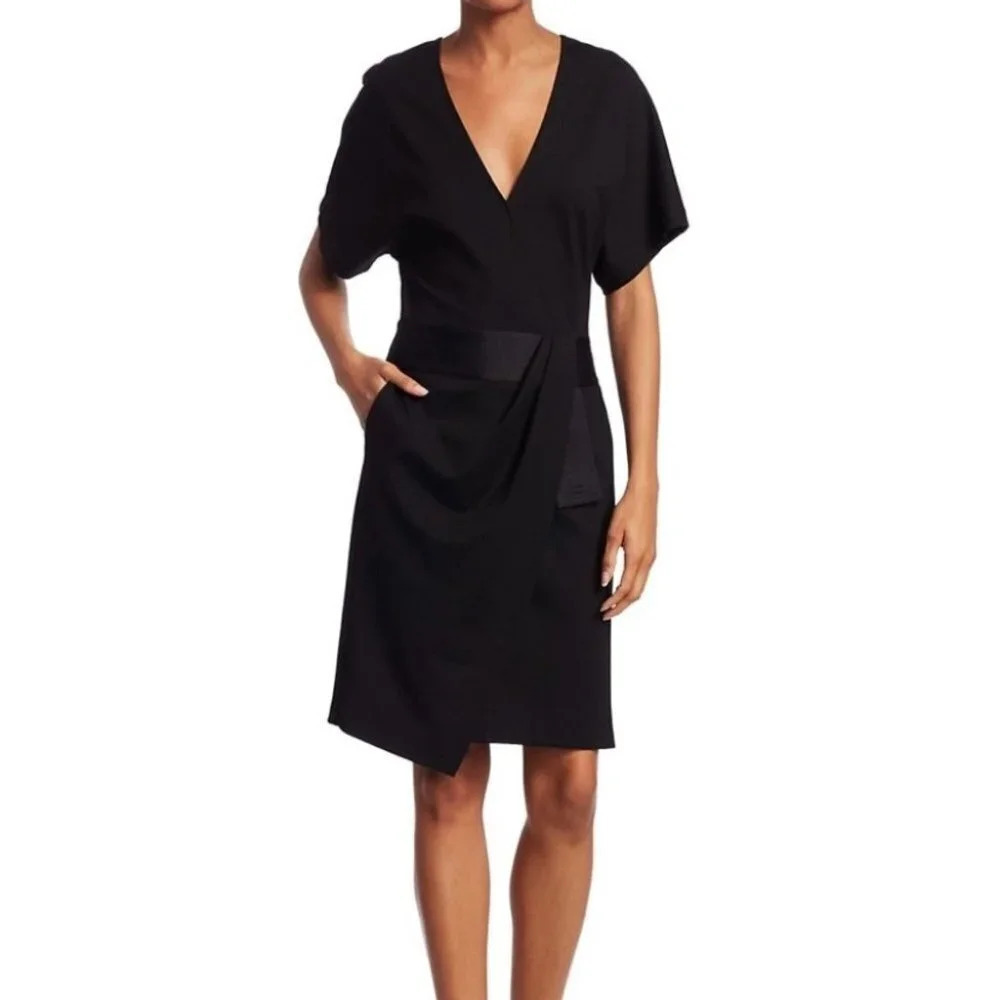 HALSTON black mini dress Faux Wrap short sleeve classy office career 2 New